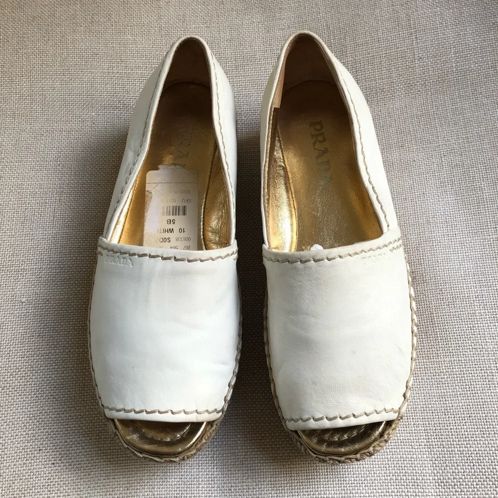 Prada Espadrille Sandals Platform White Leather US 5